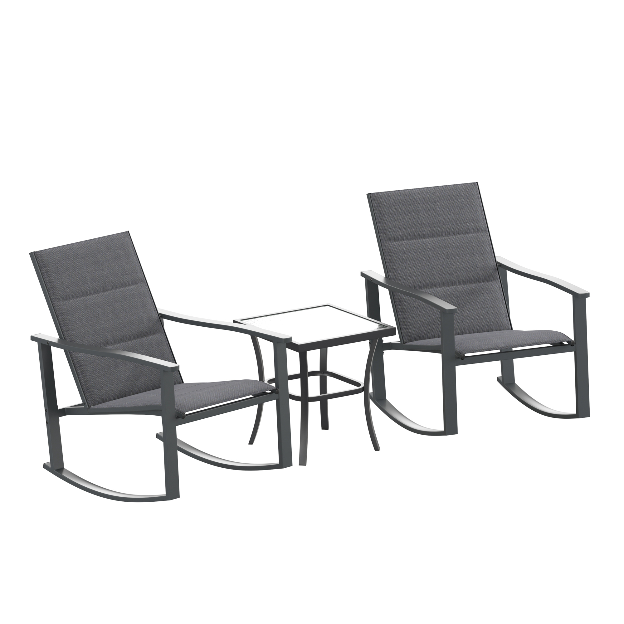 Flash Furniture, Black 3 Piece Rocking Chair and Side Table Set, Pieces (qty.) 3 Primary Color Black, Seating Capacity 2 Model# FVFSC2315BLK